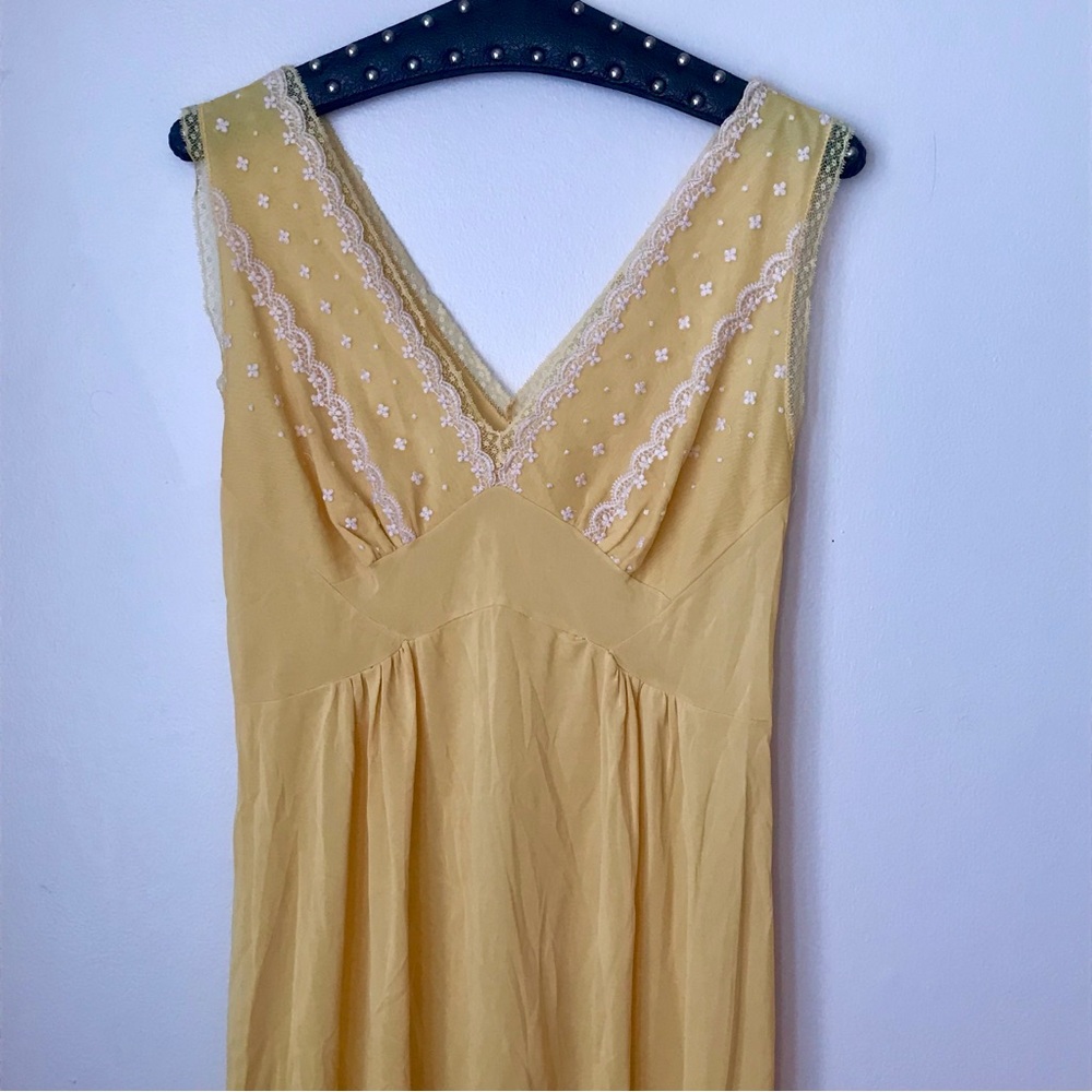 Yellow V-Neck Slip Dress with Lace Detail